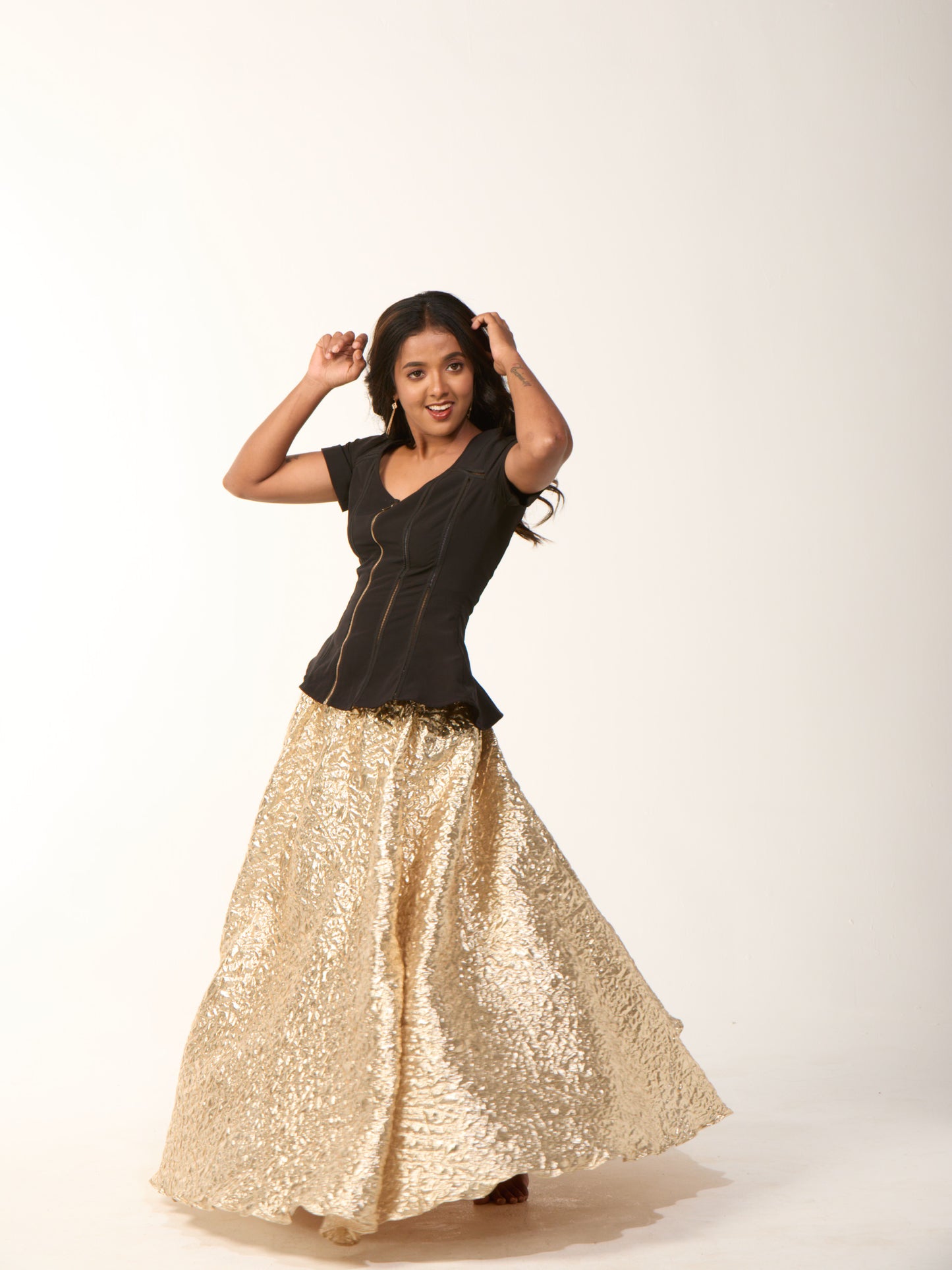 Gold Foil Skirt with Black Peplum Top