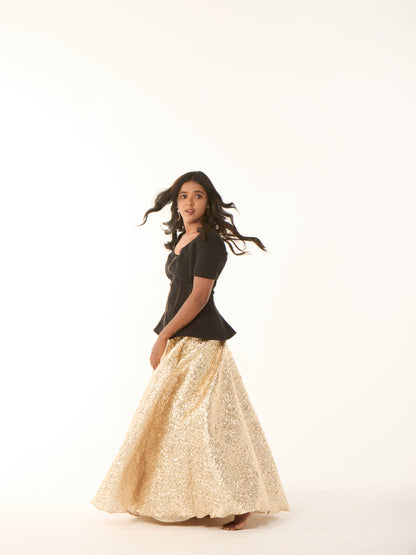 Gold Foil Skirt with Black Peplum Top
