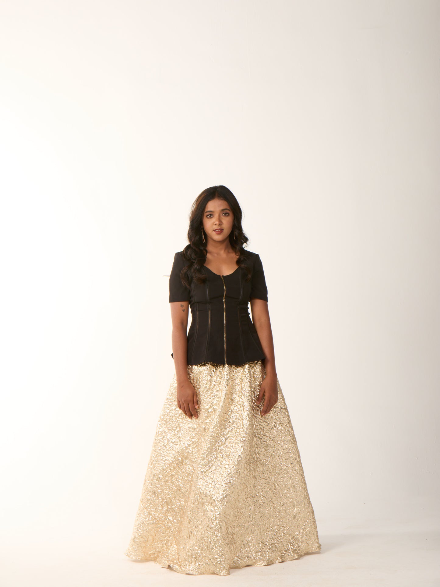 Gold Foil Skirt with Black Peplum Top