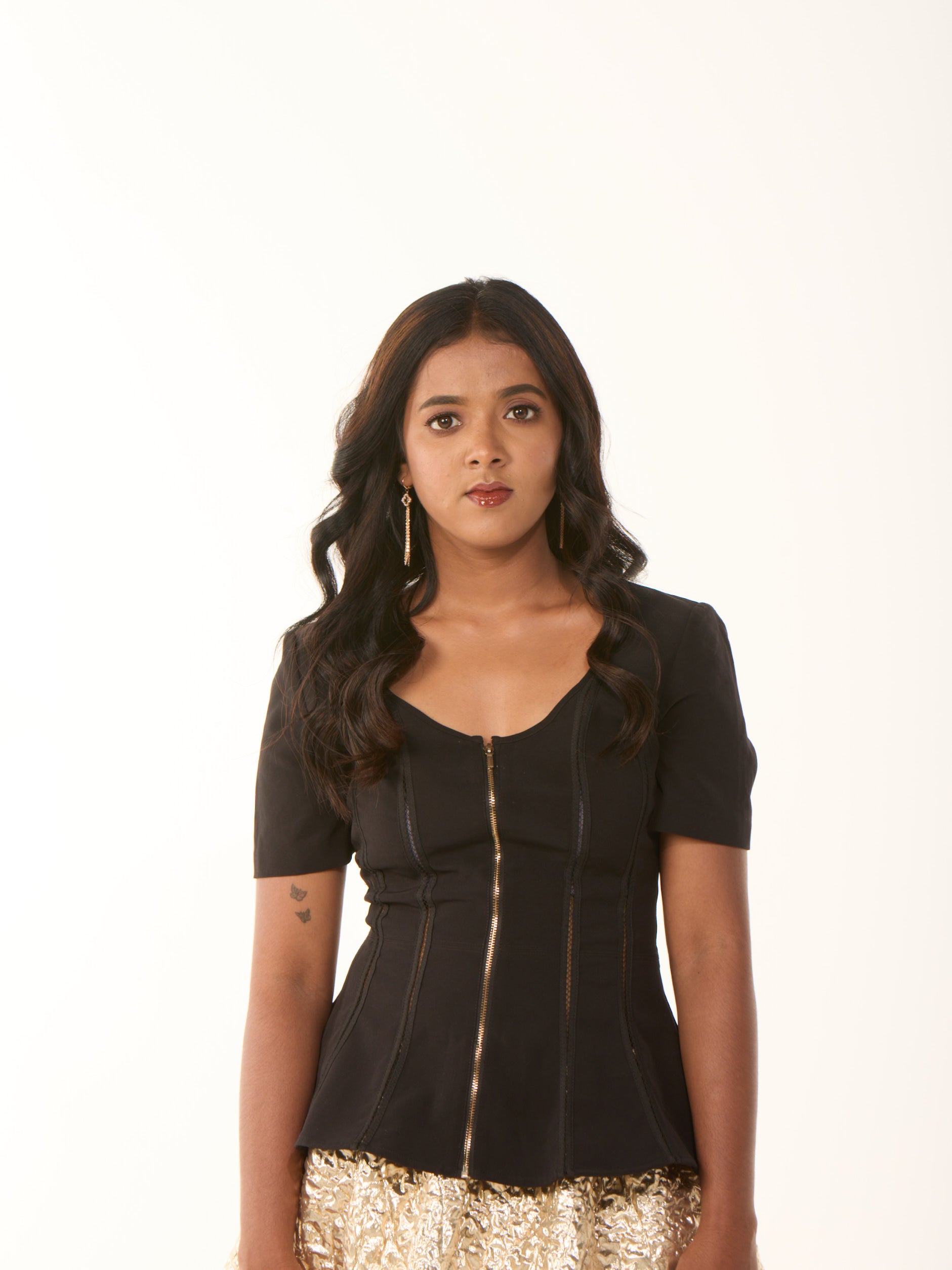 Gold Foil Skirt with Black Peplum Top