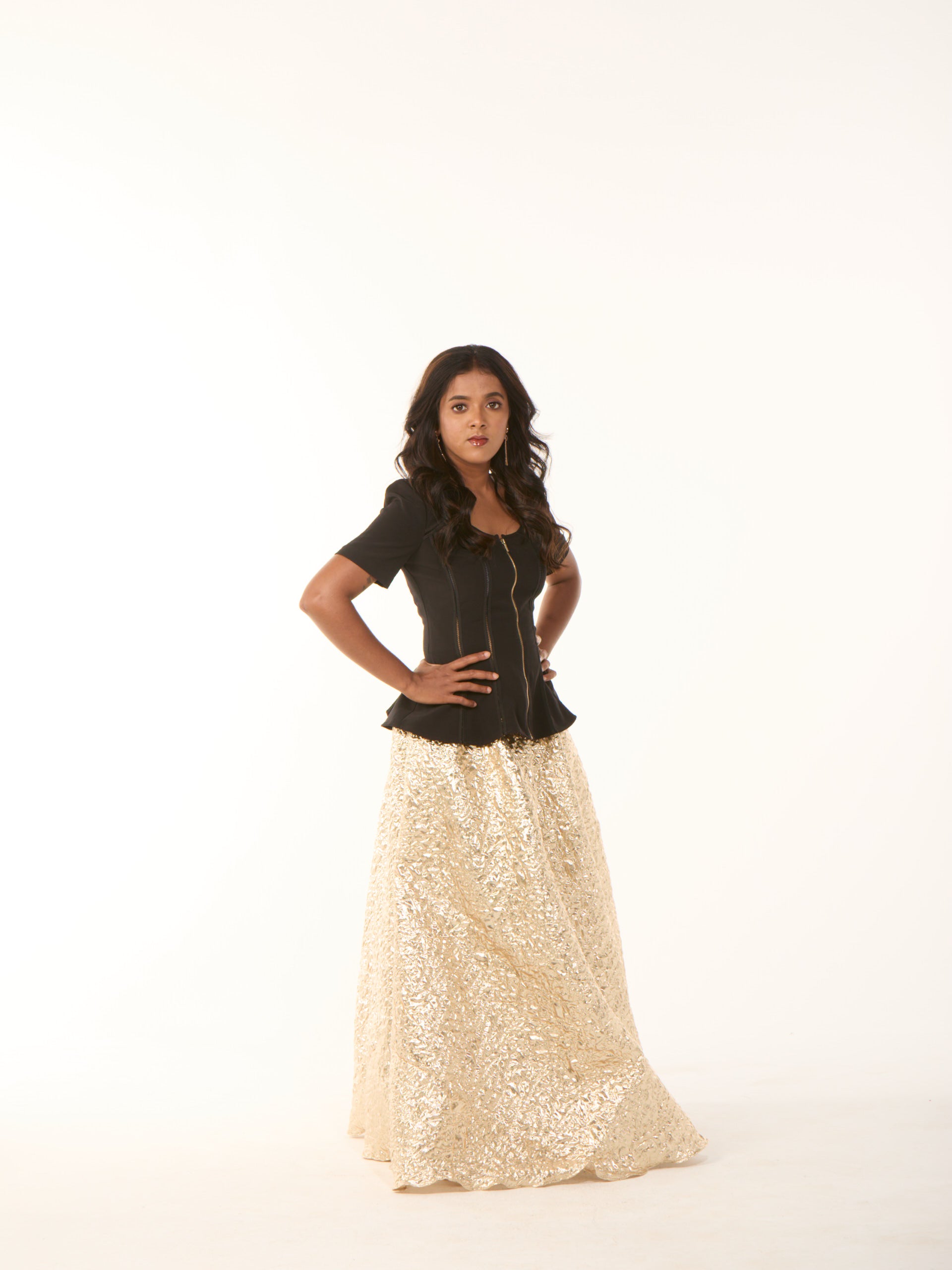 Gold Foil Skirt with Black Peplum Top