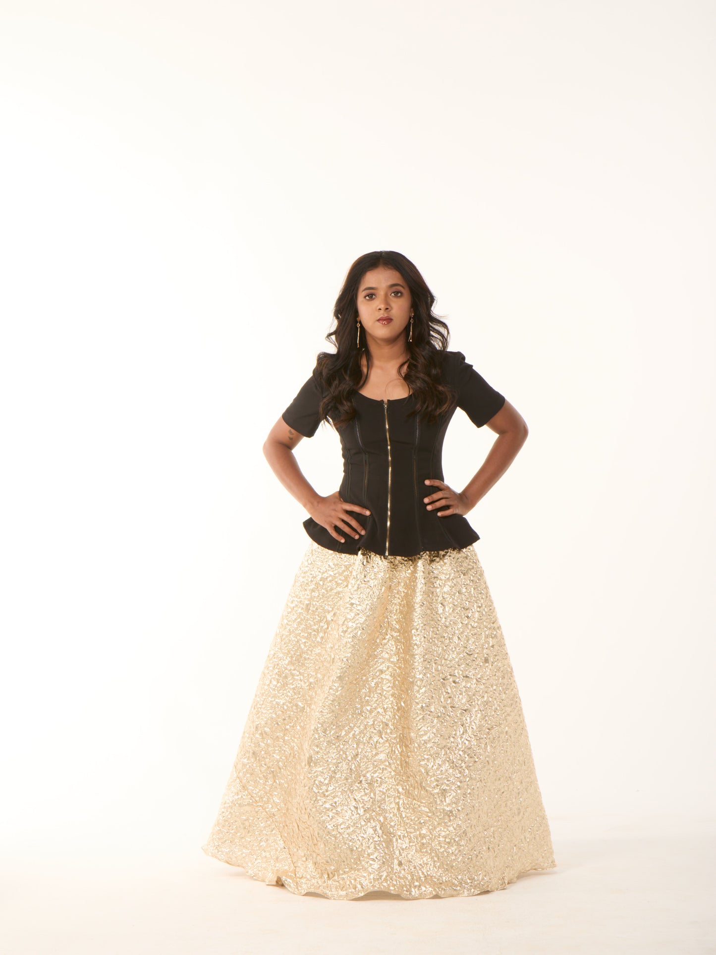 Gold Foil Skirt with Black Peplum Top