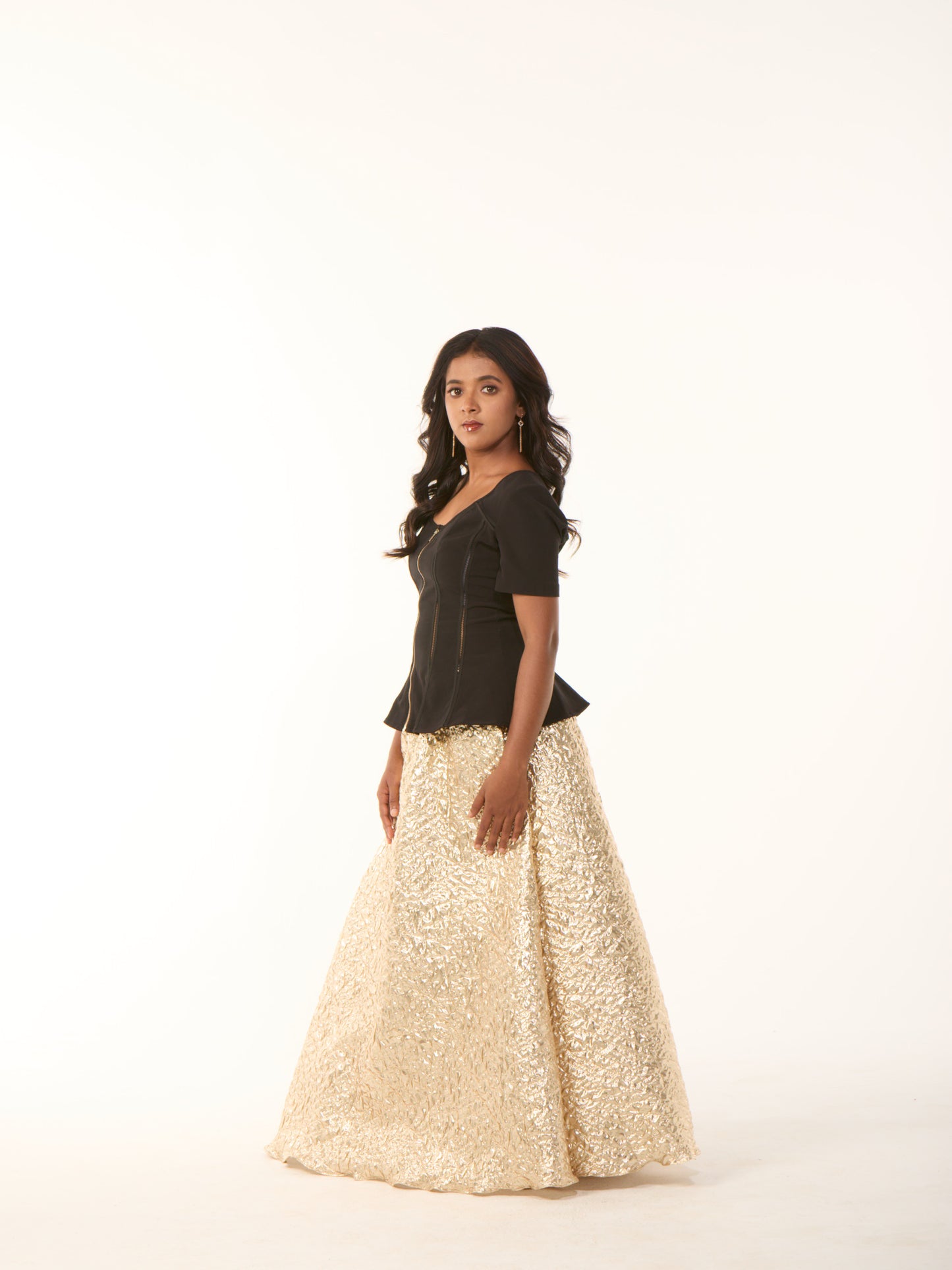 Gold Foil Skirt with Black Peplum Top