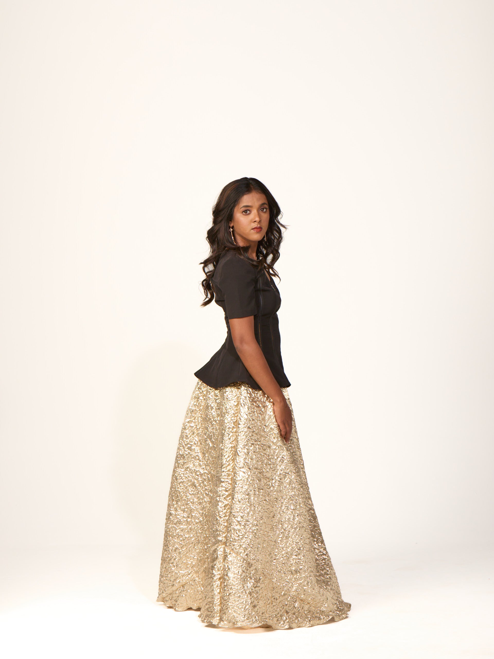 Gold Foil Skirt with Black Peplum Top