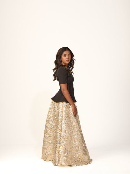 Gold Foil Skirt with Black Peplum Top