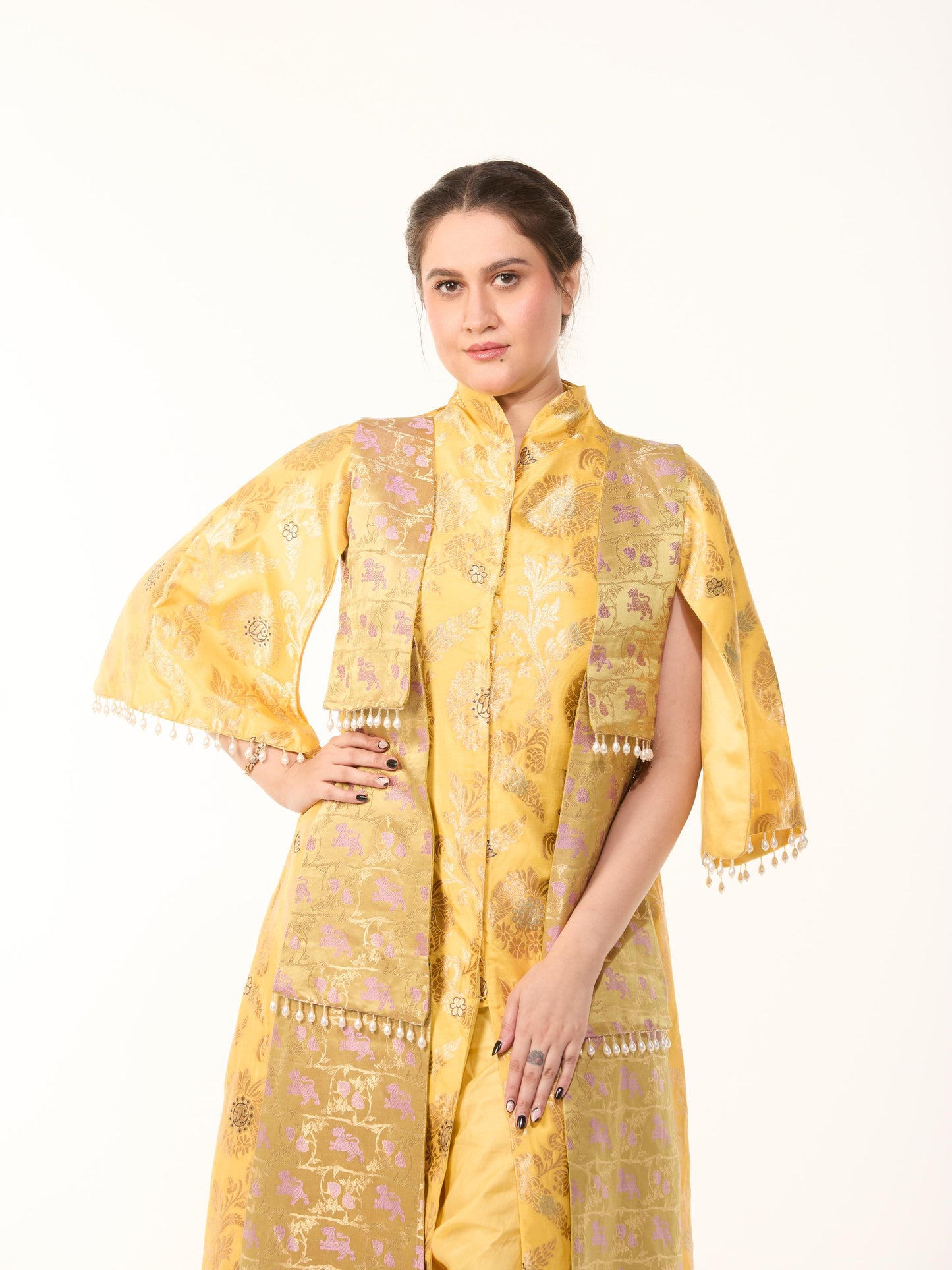 Yellow Banarasi Set paired with dhoti pants