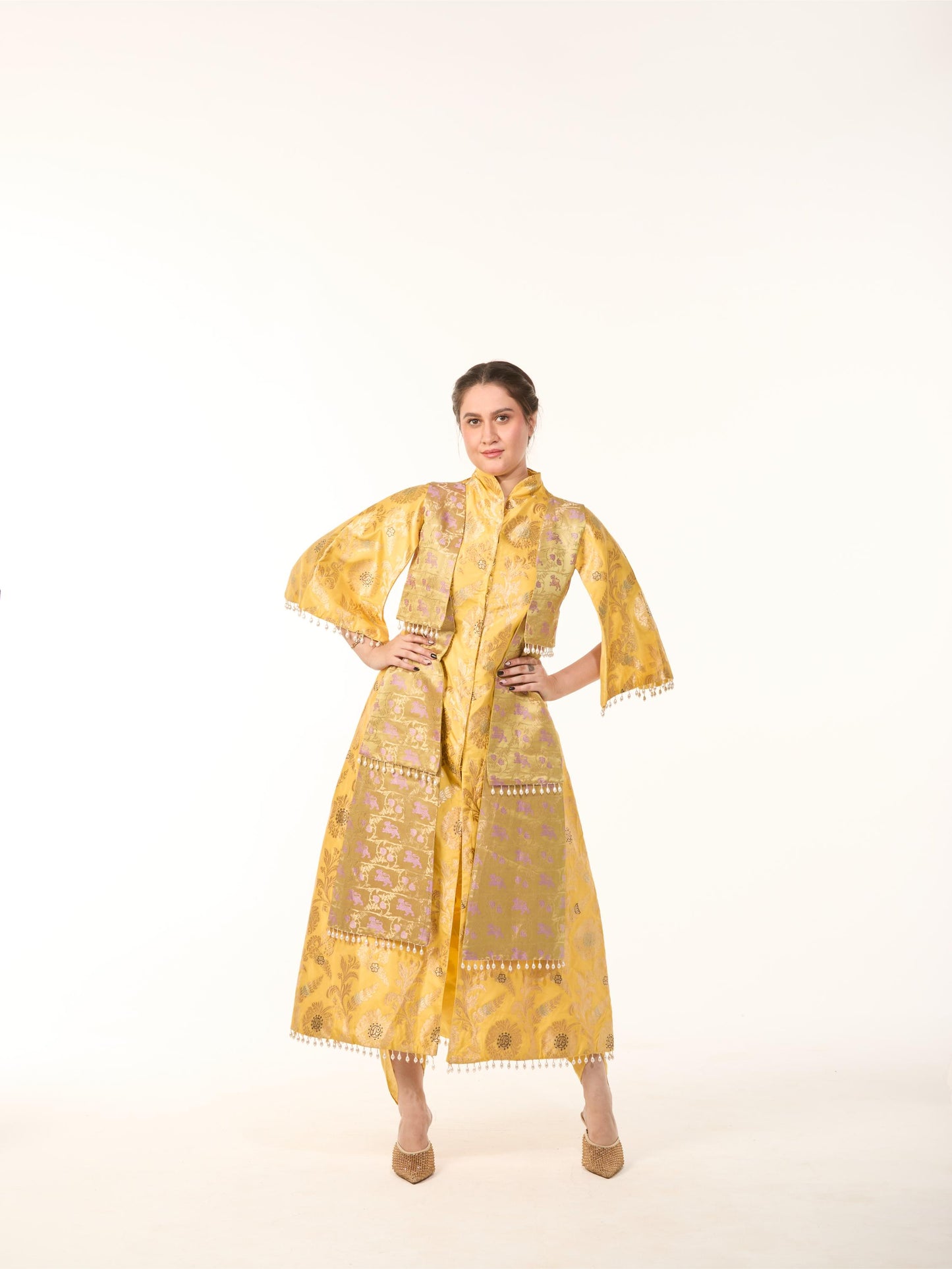 Yellow Banarasi Set paired with dhoti pants
