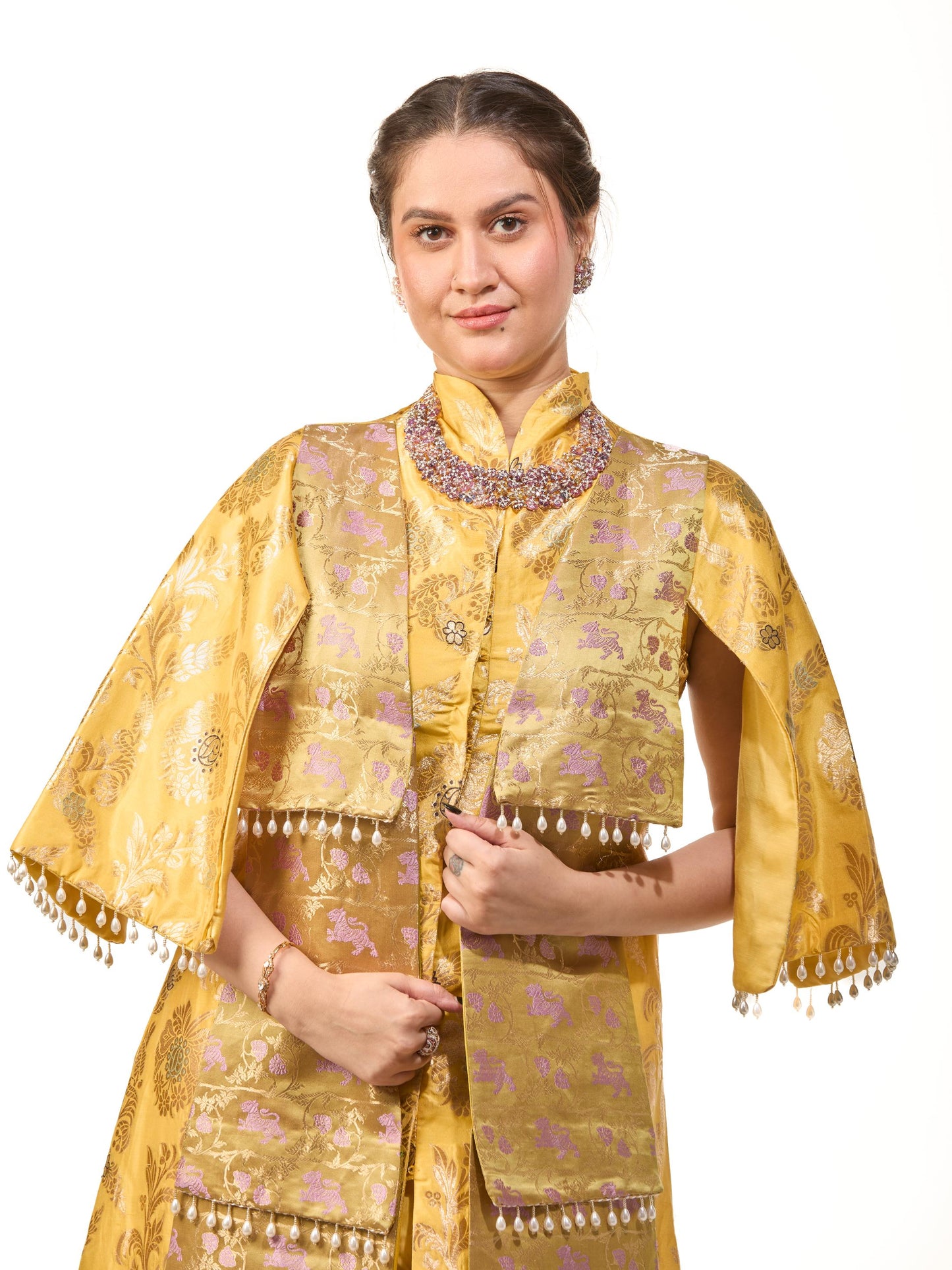 Yellow Banarasi Set paired with dhoti pants