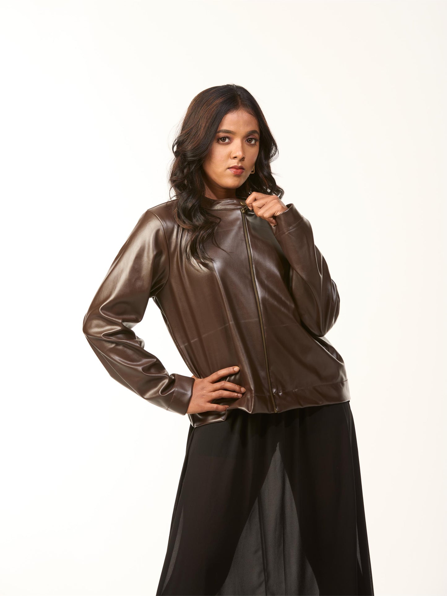 Brown Leather Jacket with Georgette Skirt