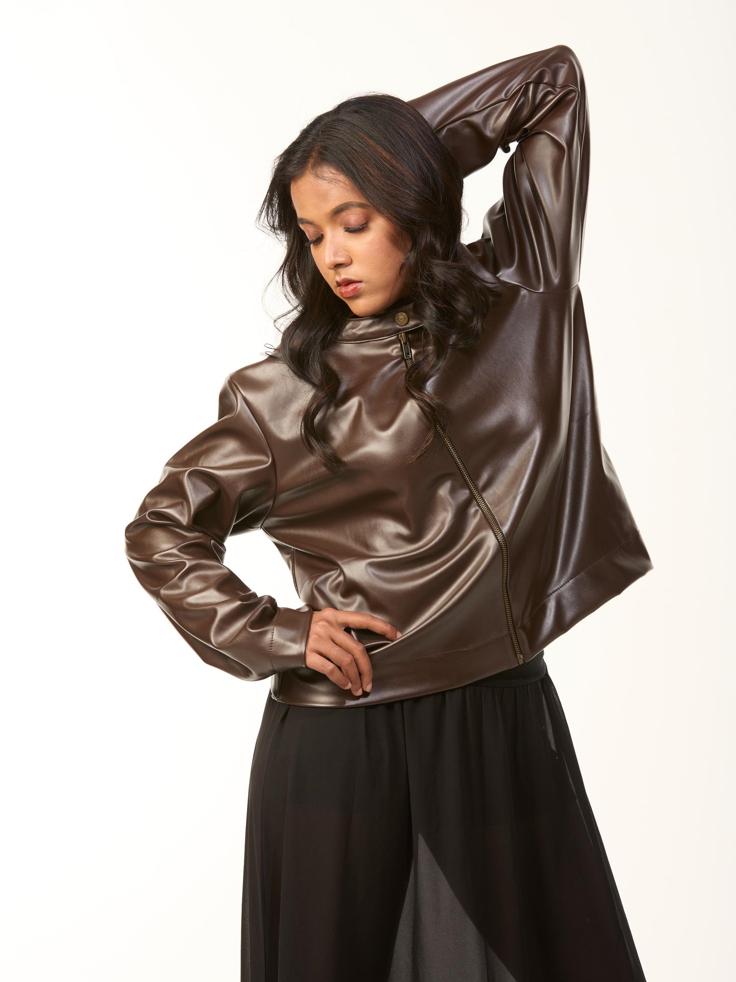 Brown Leather Jacket with Georgette Skirt
