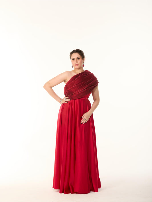 Red Pleated Cocktail Gown